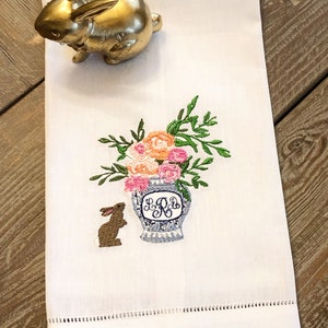 Monogrammed Easter Bunny and Flowers Linen Tea Towel
