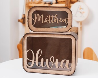 Personalized Cash Boxes Kid Piggy Bank With Name Baby Shower Gifts Card Box Wooden Coin Money Box For Child Gift Envelopes Room Boho Decor