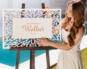 Personalized Wooden Wedding Welcome Sign, Laser Cut Floral Design, Custom Reception Decor