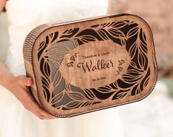 Personalized Rustic Wooden Wedding Card Box, Laser Engraved Plywood Keepsake