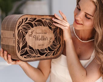 Custom Engraved Plywood Wedding Card Box, Personalized Reception Decor (11.8 × 7.9 × 4.7 in)