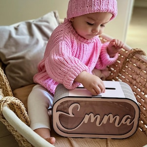 Alcancía personalizada para niños, caja de regalo para baby shower, hucha de madera con monedas, regalos únicos para niños pequeños, decoración moderna para habitación infantil, segundo cumpleaños
