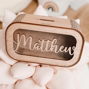 Personalisiertes Kindersparschwein mit Namen, Babyparty-Geschenk-Kartenschachtel, hölzerne Münze-Spardose für Kind, erstes Geburtstagsgeschenk, Kinderzimmer Boho-Dekor