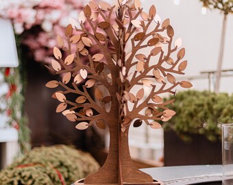 Personalized Wooden Tree Guest Book, Rustic Wedding Keepsake, Laser-Engraved Leaves
