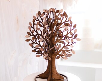 Personalized Wooden Tree Guest Book, Rustic Wedding Keepsake, Laser-Engraved Leaves