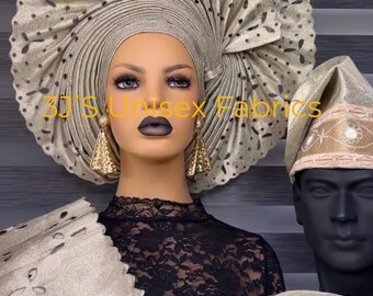 Gold Nigeria Gele head tie hat, Aso-Oke Fabric, gels Headwrap, Ready-to-Wear Gele, Autogele, Ready Made Gele, web gele with embellishment