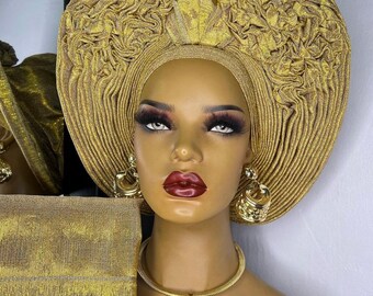 Appliqué Aso Oke Auto Gele, Ipele and Fila Ready to Wear Gele, African
