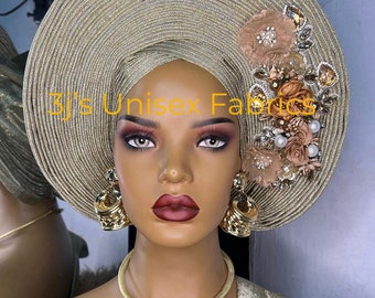 Laser cut aso oke auto gele, ipele and fila  ready to wear gele, African red, Headwrap, Ready-to Wear Gele, Nigeria Wedding