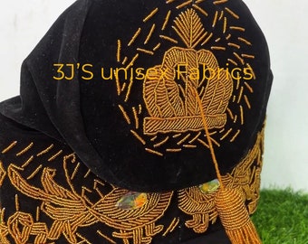 Men’s hat| Velvet hat| beaded hat| Nigeria hat| Wedding hat| brass fila| traditional wedding hat