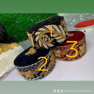 Men’s hat| Velvet hat| beaded hat| Nigeria hat| Wedding hat| brass fila| traditional wedding hat