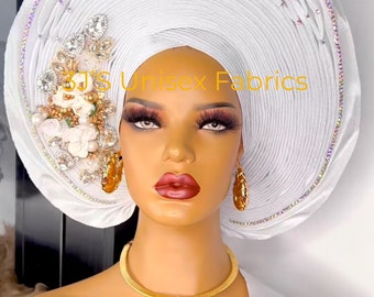 African aso oke auto gele, ipele and fila  ready to wear gele, Nigeria yellow ready to wear head wrap, Prettied headgear| Blue Auto-Gele