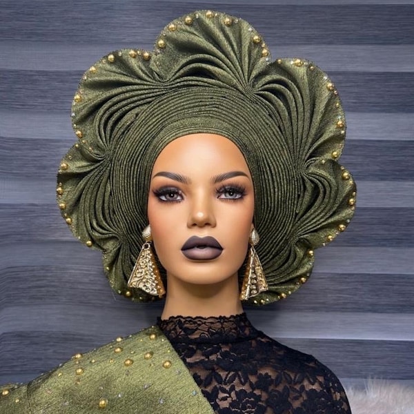 Africa party, Gold Nigeria Gele headtie hat, Aso-Oke Fabric,gele,Headwrap,Ready-to-Wear Gele,Autogele, Ready Made Gele,Nigerian Wedding,