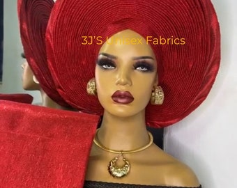 Laser cut aso oke auto gele, ipele and fila  ready to wear gele, African red, Headwrap, Ready-to Wear Gele, Nigeria Wedding