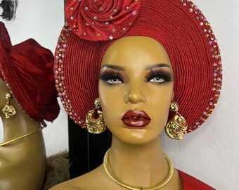 Aso oke autogele/ gele bonito / gele de boda nigeriano/ gele rojo/ gele de mujer/ autogele de lujo/ tocado de boda tradicional