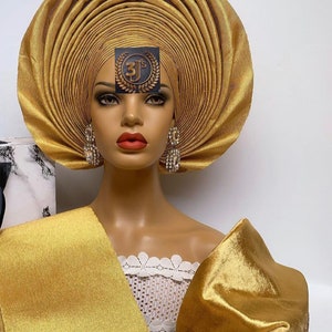 Aso oke auto gele and shoulder| Prettied Gele| ready to wear gele, Nigeria Gele, Woman hat, Auto gele ready to wear , Autogele, Women gold