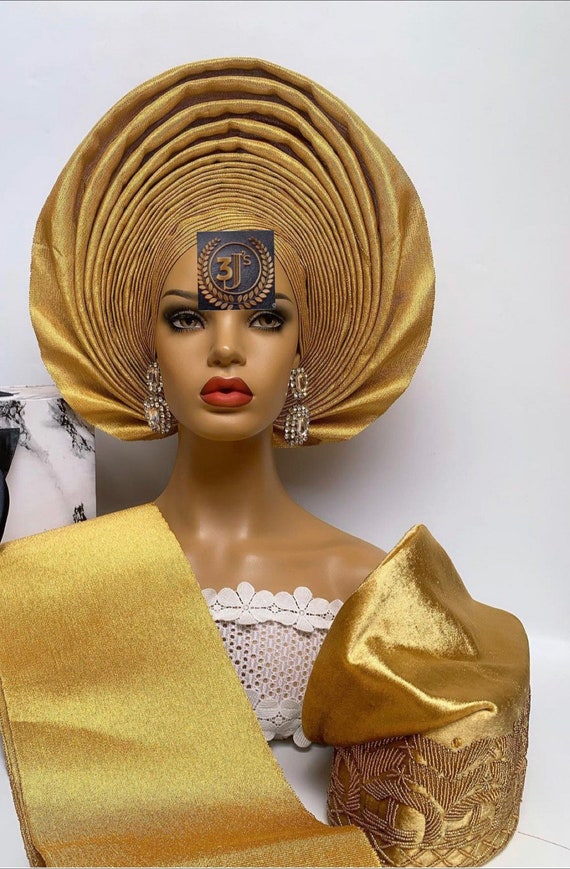 Ready to Wear Auto Gele Hat Damask African Headtie Ready To Wear Head Wrap Turban Auto  main image 2