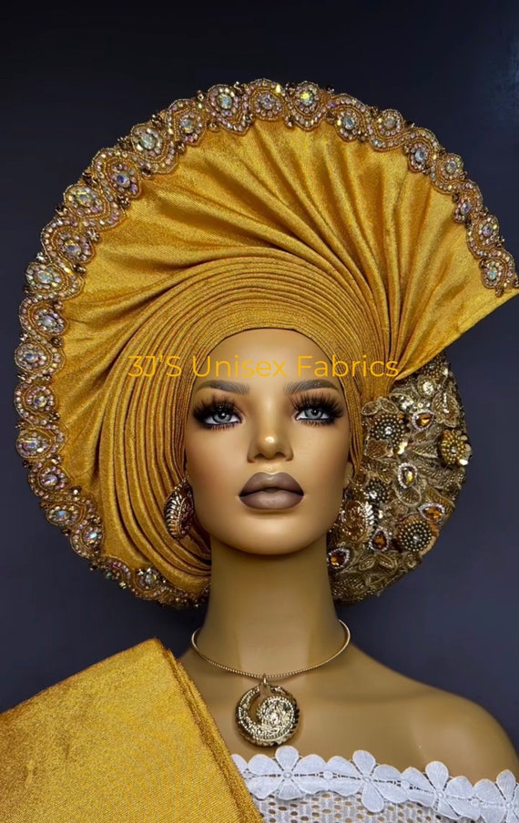 Afrikanischer Kopfschmuck Auto Gele – Turbane Mit Perlen & Steinen Für Hochzeiten, Partys, Aso Oke Stil