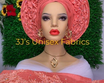 Aso oke auto gele and shoulder| Prettied Gele| ready to wear gele, Nigeria peach gele, Woman hat, Auto gele ready to wear , Autogele,