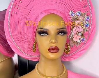 African aso oke auto gele, ipele and fila  ready to wear gele, Nigeria yellow ready to wear head wrap, Prettied headgear| Blue Auto-Gele