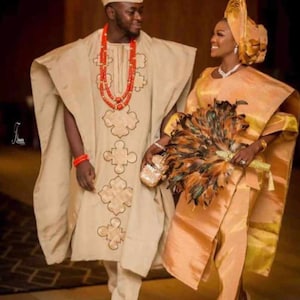 Complete couples African traditional wedding aso oke | Nigeria wedding outfit| Couple cloth | Celebrate outfit|Gold wedding Aso oke