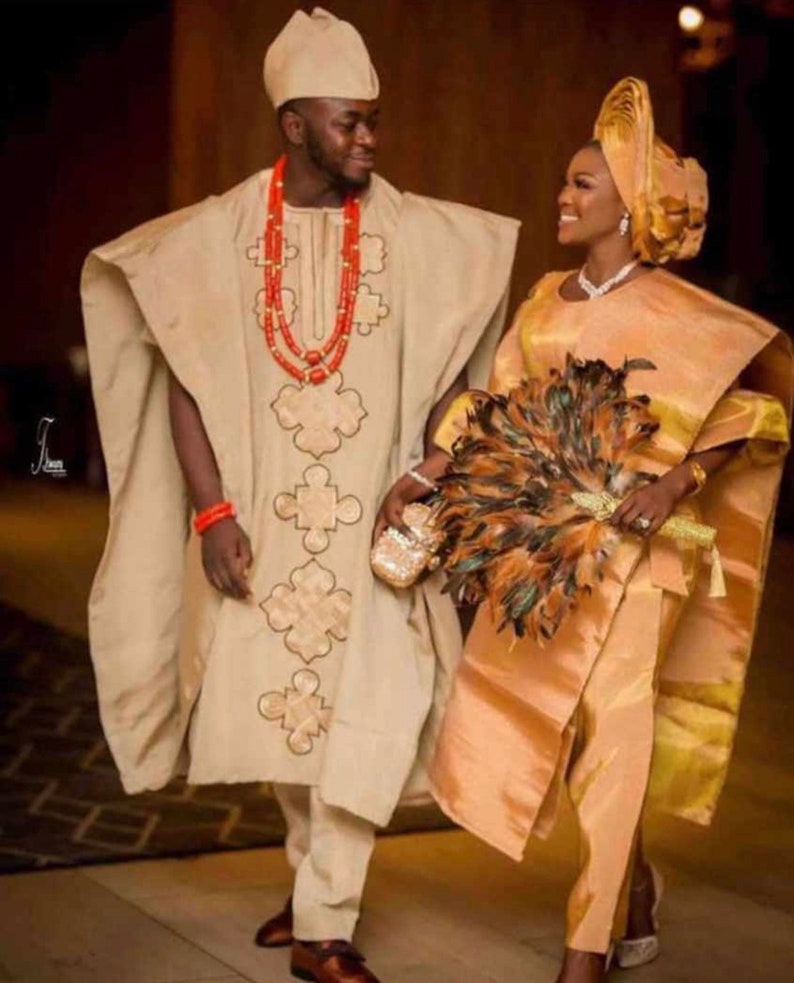 Complete couples African traditional wedding aso oke | Nigeria wedding outfit| hotsell Couple cloth | Celebrate outfit|Gold wedding Aso oke