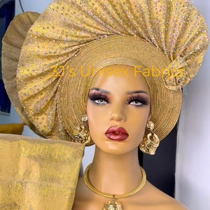 Embellished  aso oke auto gele, ipele and fila  ready to wear gele, African red, Headwrap, Ready-to Wear Gele, Nigeria Wedding