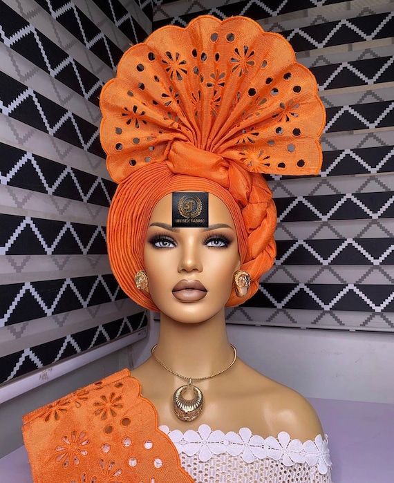 Ready to wear Aso Oke auto gele headdress African Aso Oke Auto Gele, Ipele and Fila Ready to Wear Gele  main image 3