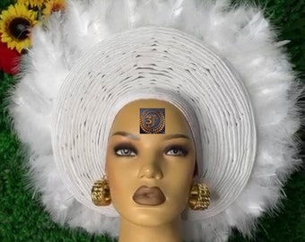 Aso oke auto gele and shoulder| Prettied Autogele | feather Auto gele| Autogele and handfan