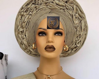 Aso oke auto gele and shoulder| Prettied Gele| ready to wear gele, Nigeria gold gele, Woman hat, Auto gele ready to wear , Autogele,