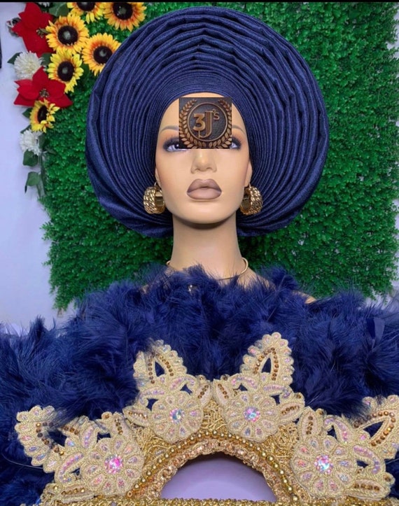 Aso Oke Auto Gele and Shoulder| Prettied Autogele | Feather  display picture 1