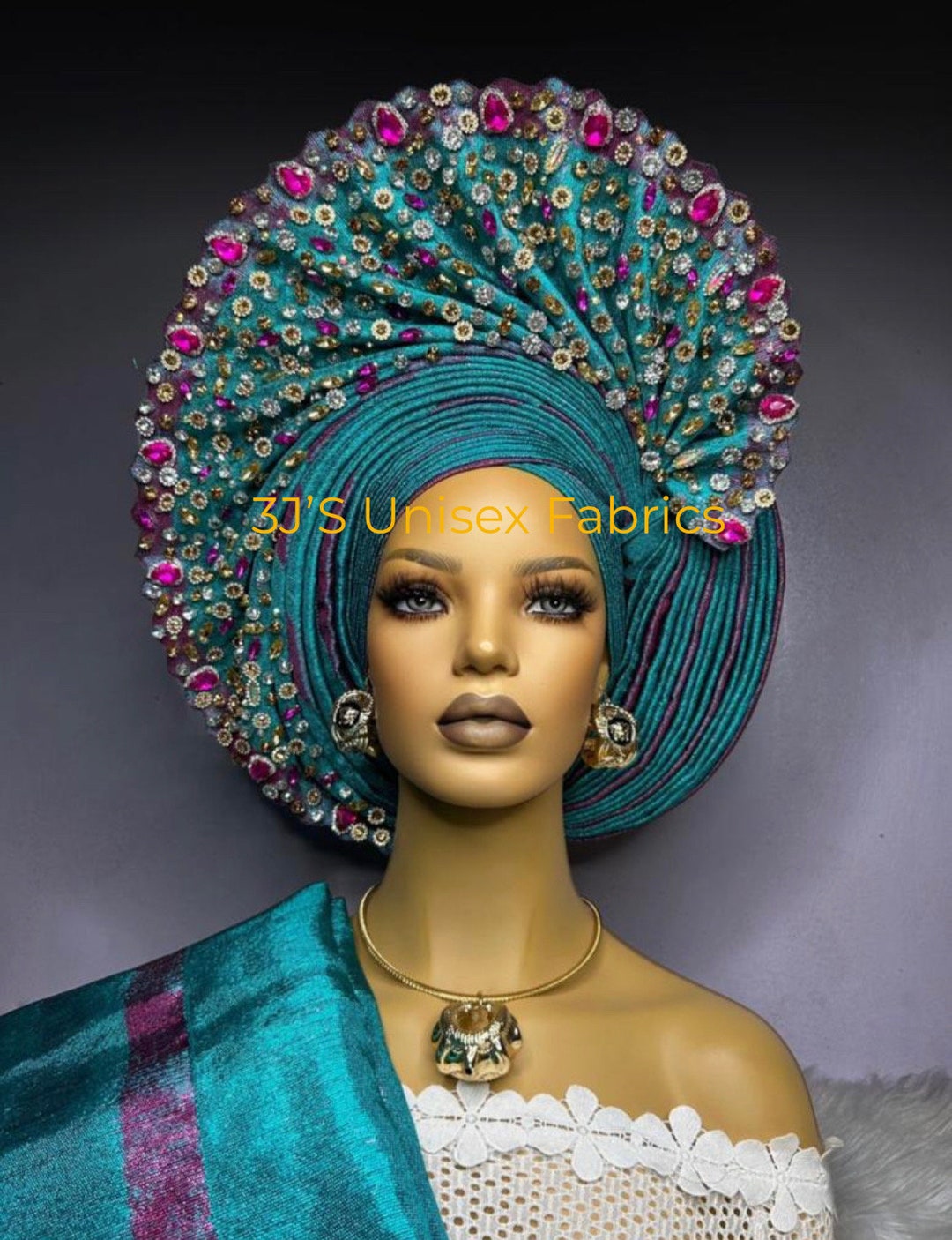 Scialle Africano Aso Oke Auto Gele WT Ipele - Colore Argento, Nuovo