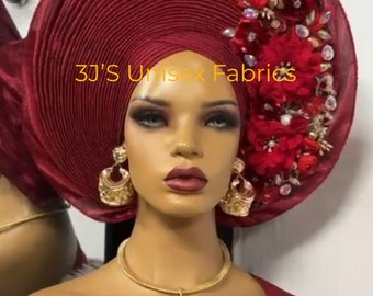 Aso oke autogele/ gele bonito / gele de boda nigeriano/ gele rojo/ gele de mujer/ autogele de lujo/ tocado de boda tradicional