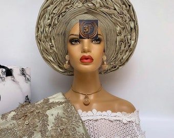 Detailed aso oke auto gele and shoulder