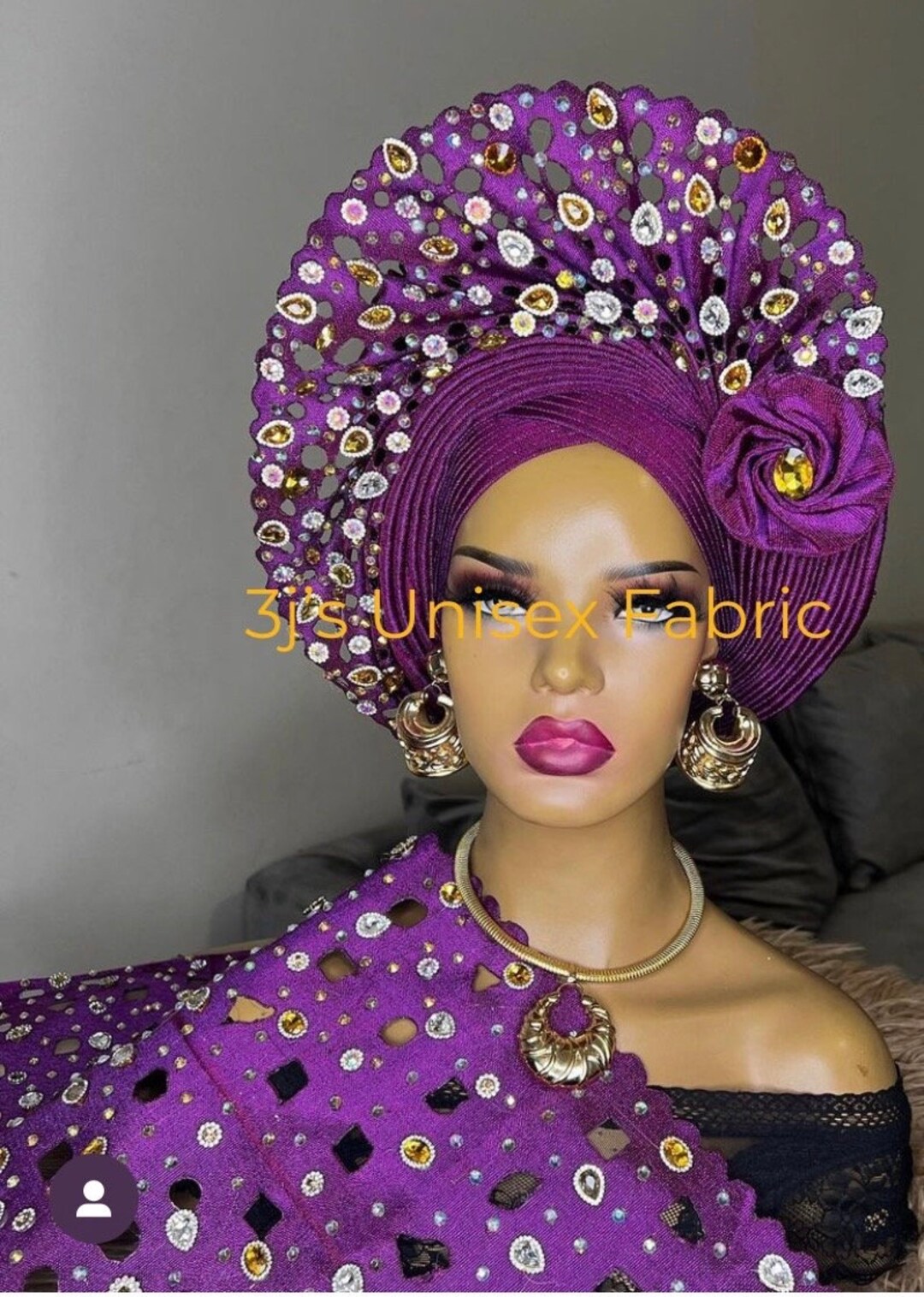 Custom Appliqué Aso Oke Auto Gele, Ipele and Fila Ready to Wear Gele