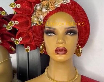 Embellished  aso oke auto gele, ipele and fila  ready to wear gele, African red, Headwrap, Ready-to Wear Gele, Nigeria Wedding