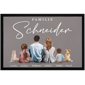 Fußmatte Familie mit Namen Figuren personalisierbar 1,2,3,4 Kinder Katze Hund Watercolor Aquarell rutschfest & waschbar SpecialMe®