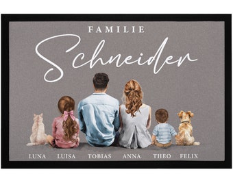 Fußmatte Familie mit Namen Figuren personalisierbar 1,2,3,4 Kinder Katze Hund Watercolor Aquarell rutschfest & waschbar SpecialMe®