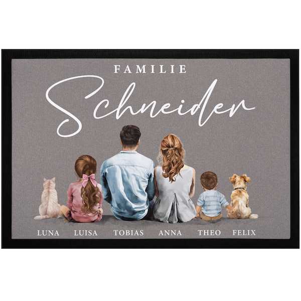 Fußmatte Familie mit Namen Figuren personalisierbar 1,2,3,4 Kinder Katze Hund Watercolor Aquarell rutschfest & waschbar SpecialMe®