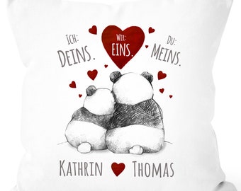 Kissen-Bezug Ich Deins, Du Meins, Wir Eins. Panda-Bär anpassbar mit Namen personalisierte Liebesgeschenke SpecialMe®