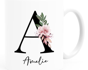 Kaffee-Tasse mit Buchstabe Monogramm personalisiert mit Namen Initiale Blumen-Motiv persönliche Geschenke SpecialMe®