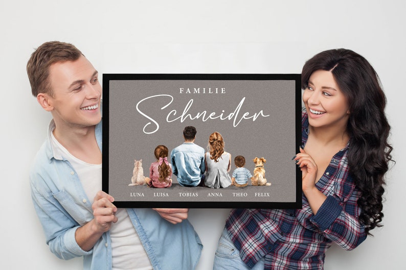 Fußmatte Familie mit Namen Figuren personalisierbar 1,2,3,4 Kinder Katze Hund Watercolor Aquarell rutschfest & waschbar SpecialMe® Bild 4