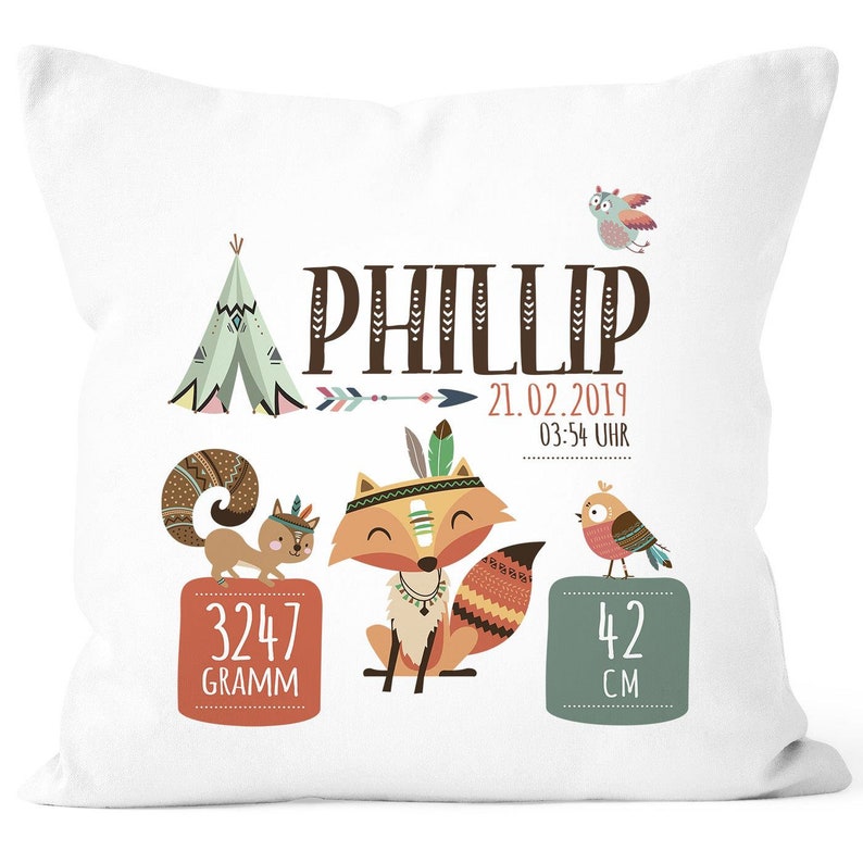 Birth Pillow with Weight and Size Boys Girl Fox Boho, Customizable Pillow for Birth Gift SpecialMe® image 7