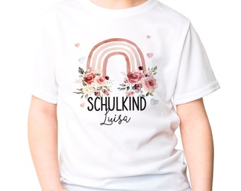 Kinder Mädchen T-Shirt Schulanfang Schulkind personalisiert Wunschname Regenbogen Blumen SpecialMe®