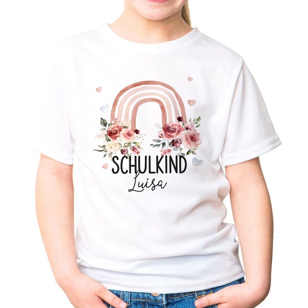 Kinder Mädchen T-Shirt Schulanfang Schulkind personalisiert Wunschname Regenbogen Blumen SpecialMe®