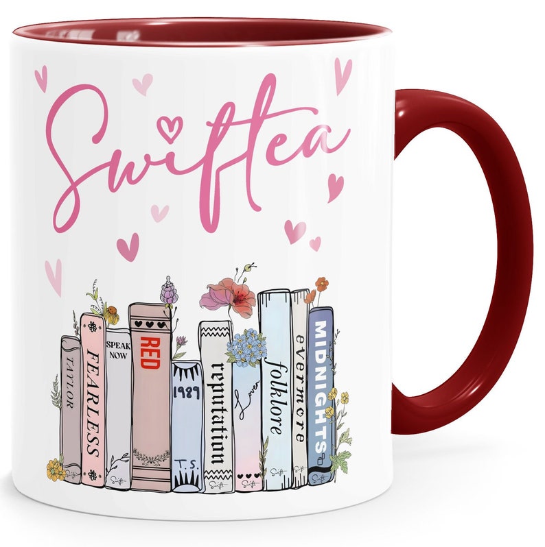 Tasse Musik Fan Swiftea Geschenk personalisiert mit Namen Best of Album Geschenkidee Freundin Kollegin Familie SpecialMe® Personalisiert weiss-innen-bordeauxrot