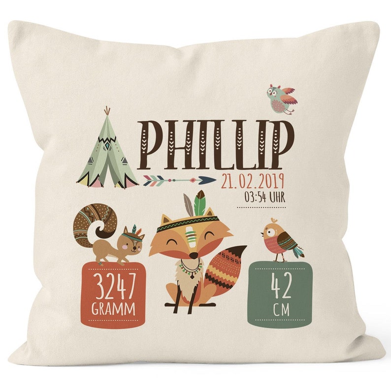 Birth Pillow with Weight and Size Boys Girl Fox Boho, Customizable Pillow for Birth Gift SpecialMe® image 1