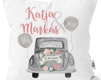 personalisierbares Kissen zur Hochzeit, Hochzeitskissen Auto Hochzeitsgeschenk Geldgeschenk Kissenhülle mit Schleife Moonworks®