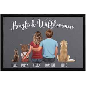 Fußmatte Familie personalisiert mit Figuren und Namen 1,2,3,4 Kinder Hund Katze rutschfest & waschbar SpecialMe®