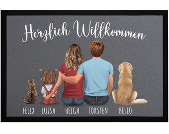 Fußmatte Familie personalisiert mit Figuren und Namen 1,2,3,4 Kinder Hund Katze rutschfest & waschbar SpecialMe®