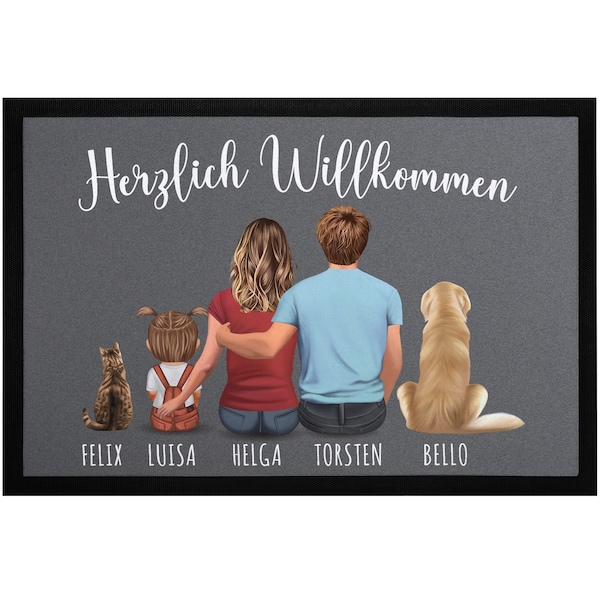 Doormat family personalized with characters and names 1,2,3,4 children dog cat non-slip & washable SpecialMe®